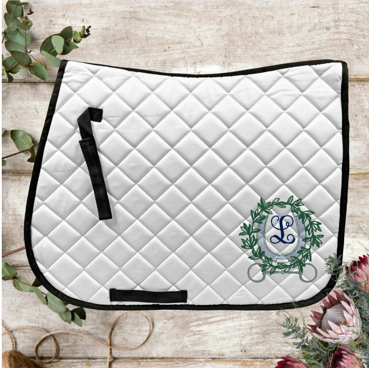 Custom Embroidered Horse Saddle Pad with Horse Shoe Wreath and Single Letter Monogram