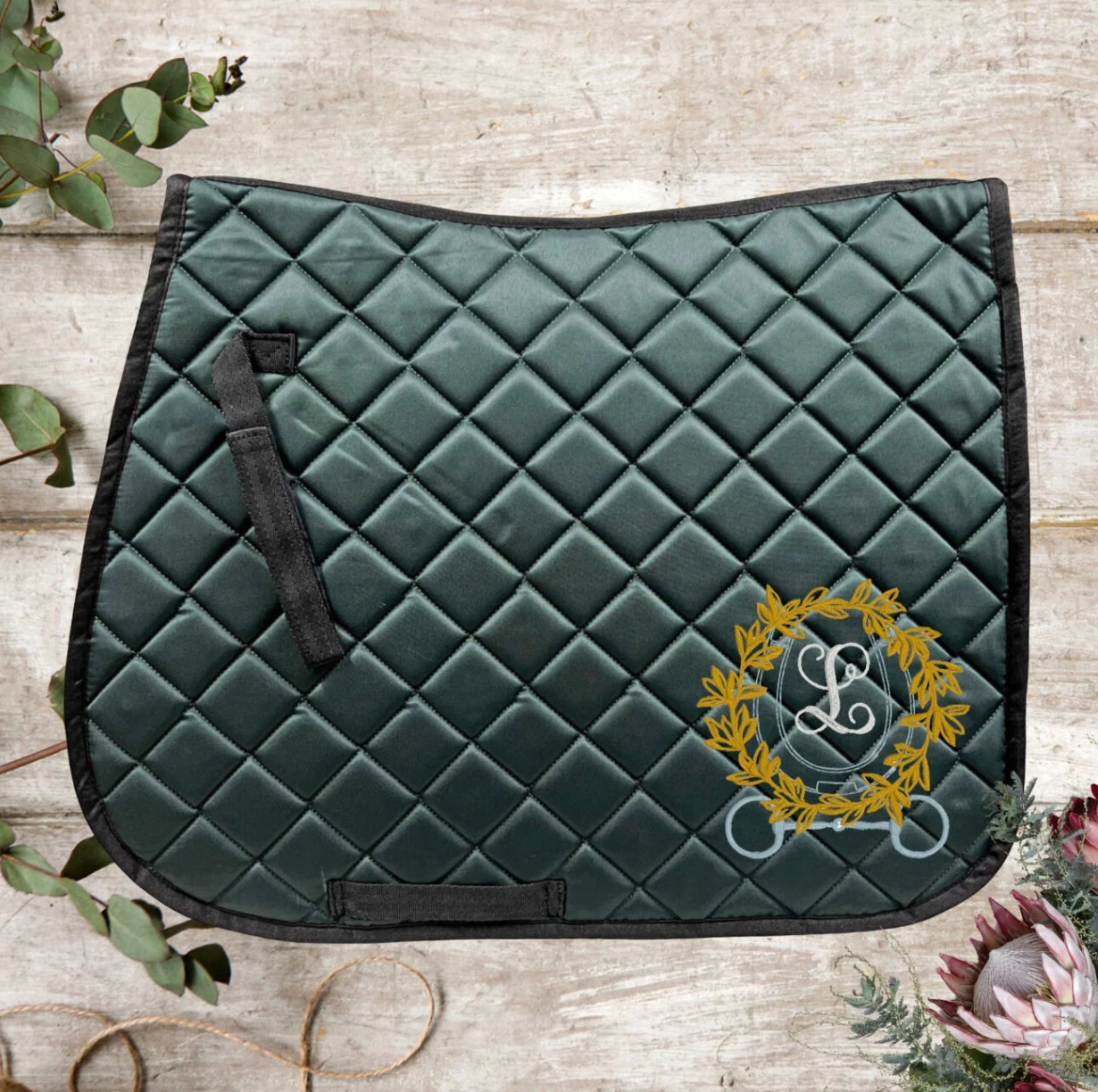 Custom Embroidered Horse Saddle Pad with Horse Shoe Wreath and Single Letter Monogram