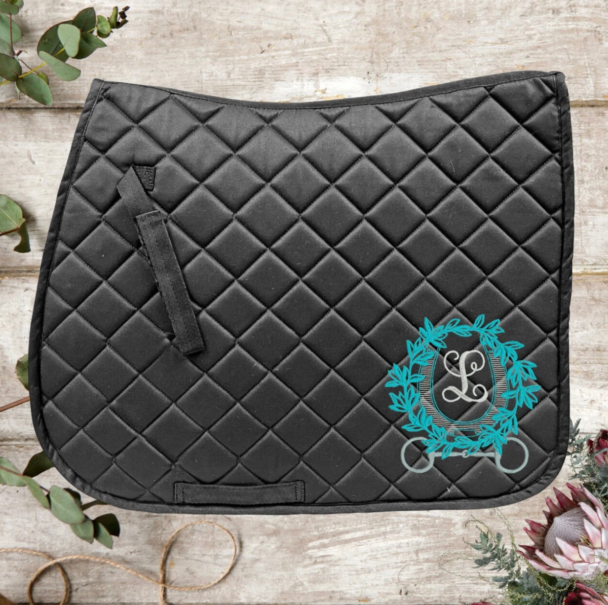 Custom Embroidered Horse Saddle Pad with Horse Shoe Wreath and Single Letter Monogram