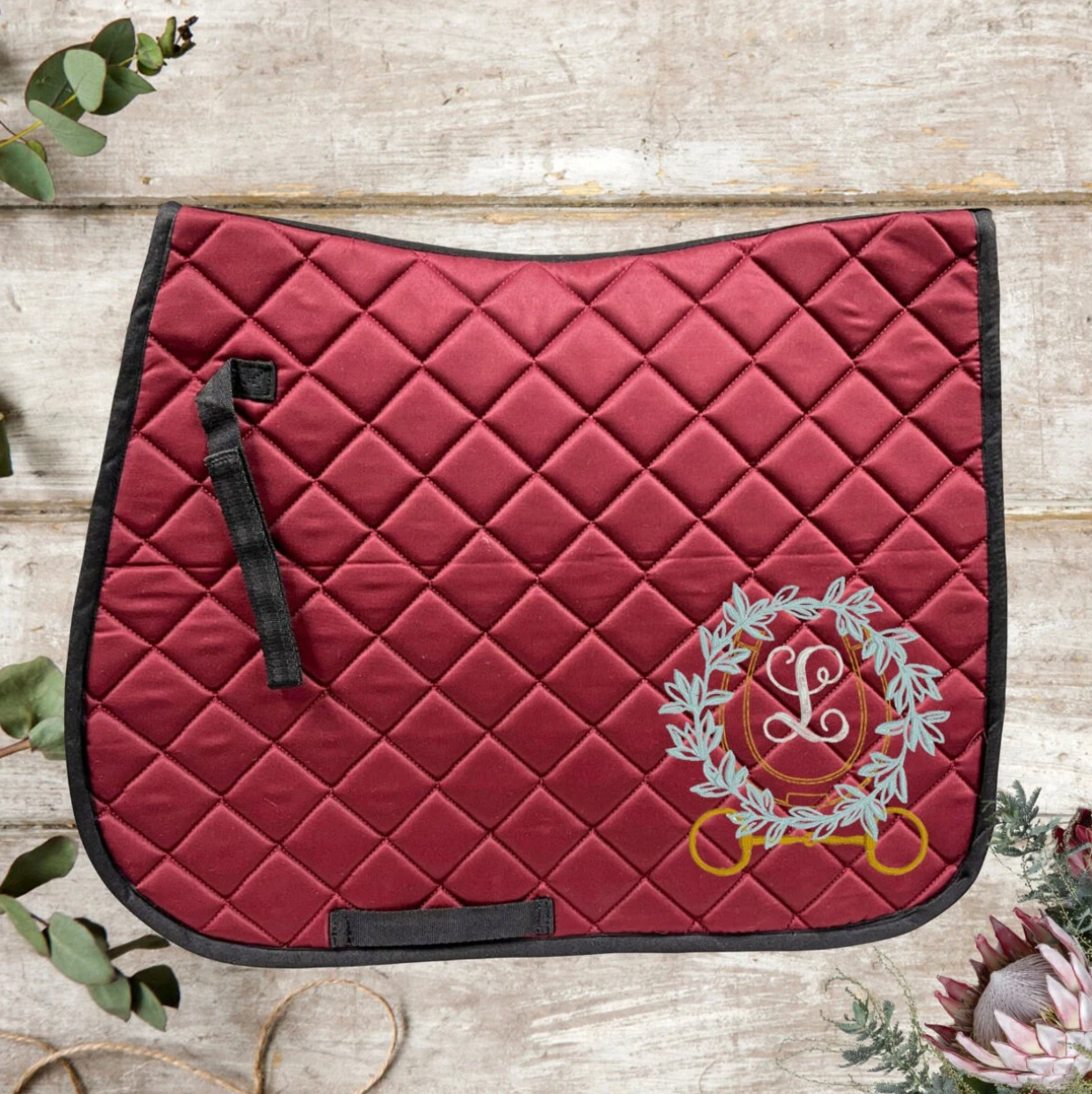 Custom Embroidered Horse Saddle Pad with Horse Shoe Wreath and Single Letter Monogram