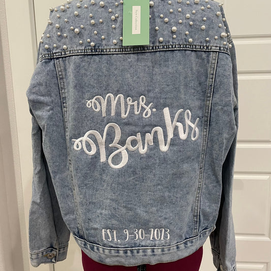 Denim jacket with pearls and customized last name for bride