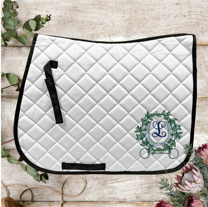 Custom Embroidered Horse Saddle Pad with Horse Shoe Wreath and Single Letter Monogram